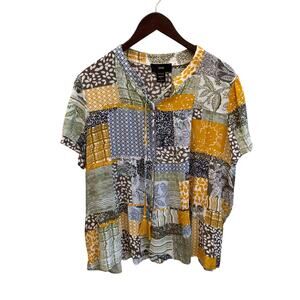 RAIN Patchwork Paisley Short Sleeve Rayon Blouse Size XL